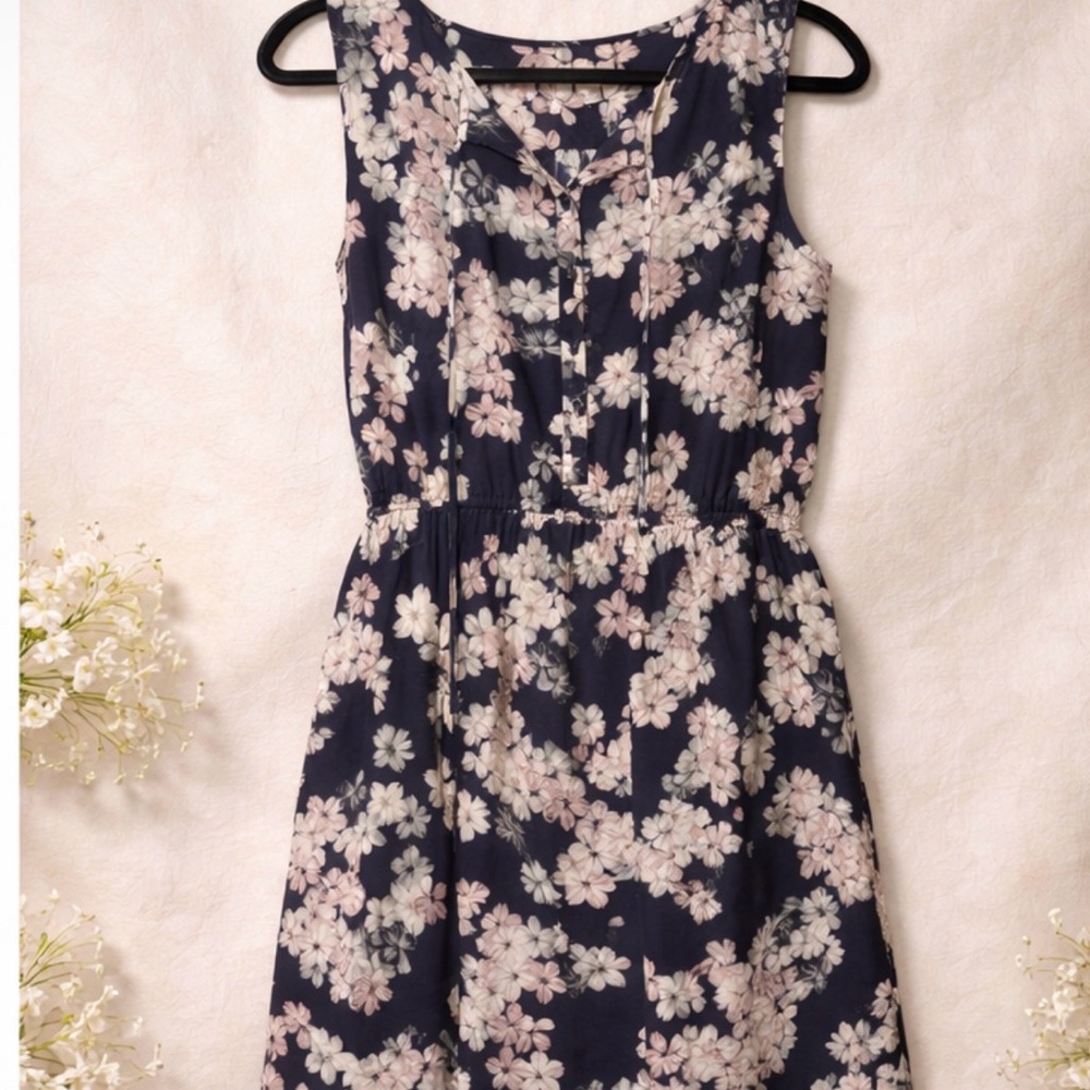 Loft - Navy Floral Sleeveless Midi Dress with Pink Blossoms